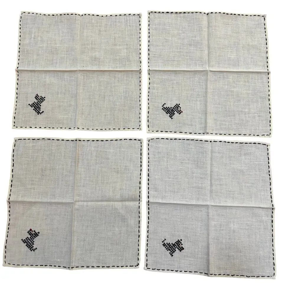 Cocktail napkins (4) YELLOW cotton hand embroidery black Scottish Terriers